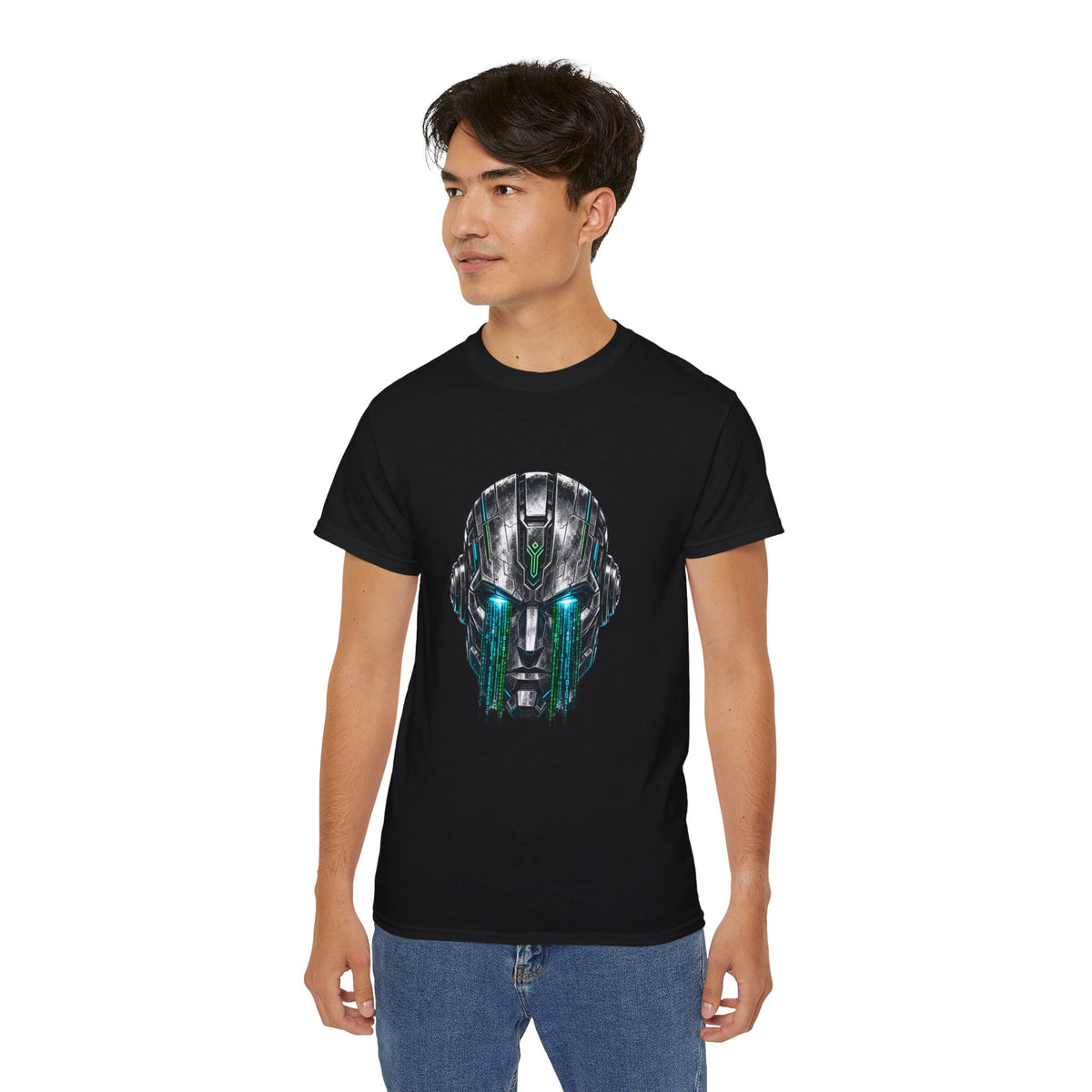 Robot Head Tee | Futuristic Robot Face, Dripping Neon Accents